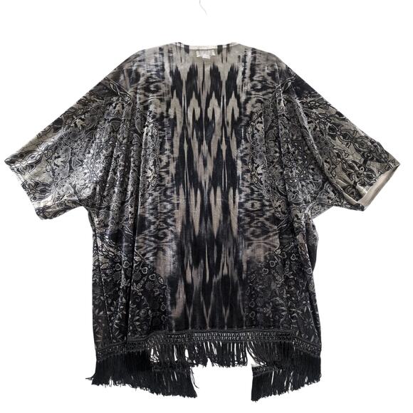 One World Women's Plus 3X Boho Velvet Burnout Fringe Kimono Robe Y2K Fairy Gypsy - Picture 2 of 6